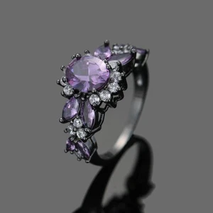 Women Created Amethyst Engagement Wedding Proposal Black Band Flower Leaves Ring - Picture 1 of 9