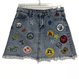 Fashion Style Mini Skirt Women’s Size XL patches frayed hem denim - Picture 1 of 9
