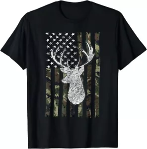 Whitetail Buck Deer Hunting American Camouflage USA Flag Gift Unisex T-Shirt - Picture 1 of 3