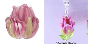 Bead, Flower, 2 Lampworked Glass 15x14mm Pink & Light Green Buds 2-2.5mm Hole - Picture 1 of 4