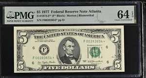 1977 $5 Federal Reserve Note Fr-1974-F* Atlanta PMG64 Choice EPQ - Picture 1 of 2