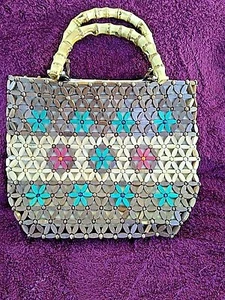 Bolso/cartera de madera con diseño de flores multicolor con asas de bambú 9x 12" - Imagen 1 de 6