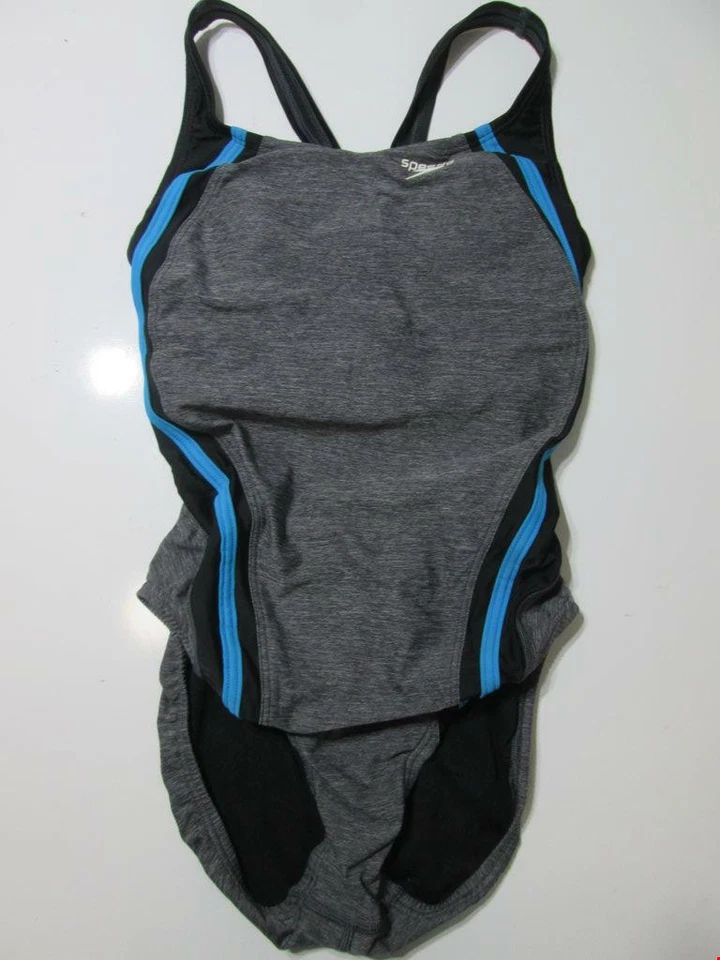 Traje de baño Speedo para mujer talla 6 de una pieza gris forrado inalámbrico espalda deportiva estampado de logotipo Foto 1 de 4