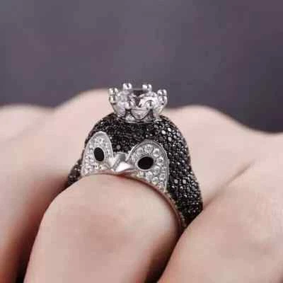 14K White Gold Plated 2.40Ct Round Lab-Created Black Diamond Penguin Band Ring - Image 1 of 4