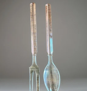 Vintage Rosa Glas Salat Servier Gabel Löffel Set Gerippte Griffe Art Deco Stil - Bild 1 von 4