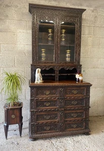 Antique Victorian heavily carved Oak Cabinet glazed bookcase Drawers Desk Bureau - Picture 1 of 17