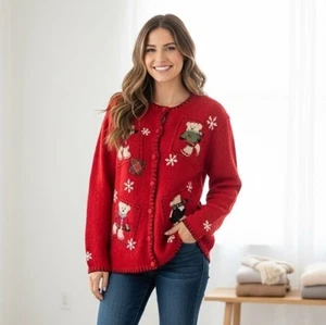 Cardigan natalizio misto lana rosso maglione natalizio bottoni davanti orsi donna M - Foto 1 di 6