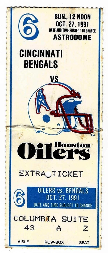 Cincinnati @ Houston 10/27/91 Ticket Stub Oilers 35 Bengals 3 Warren Moon 3TDs - Image 1 of 1