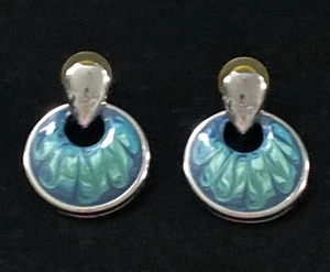 Orecchini battenti porta anni 80 smalto dischi vorticosi vintage anni 80 glam 1,5" verde e blu - Foto 1 di 7