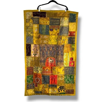 India Heavy Beaded Hand Embroidery Wall Hanging Zari Patchwork Tapestry Wall Art - Image 1 of 4