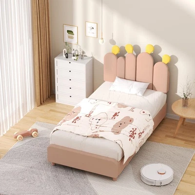 Marco de cama Boucle con cabecero, cama de plataforma tapizada con cactus para niños y niñas Foto 1 de 4