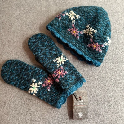 Lost Horizons Nepal Hand Crafted Wool Ballad Mittens and Beanie Set OS Blue Boho - Image 1 of 4