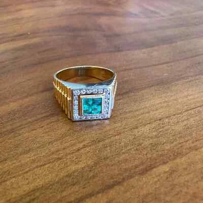 Anillo de oro 14K para hombre (real) con esmeralda y diamantes  Foto 1 de 4