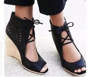 Jeffrey Campbell Ibiza Rodillo Black Leather w/Geo Cutouts Wedge Heel Shoes 10 - Picture 1 of 10