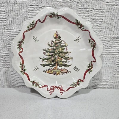 Spode Coated Paper Dessert Plates 8 Count Christmas Tree Ribbon Cream 8" - Image 1 of 4