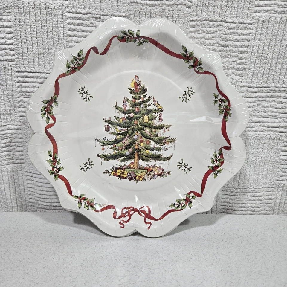 Spode Coated Paper Dessert Plates 8 Count Christmas Tree Ribbon Cream 8" - Image 1 of 4