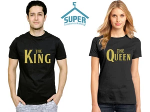 EL Rey LA Reina CAMISETA DORADA Logotipo Años 80 FUENTE A juego Pareja Camiseta - Imagen 1 de 4