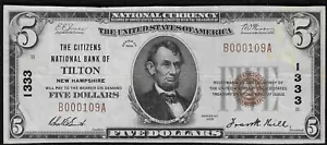 1929 $5 CH#1333 The Citizens National Bank of Tilton NH Only 17 Small Size "VF++ - Picture 1 of 2
