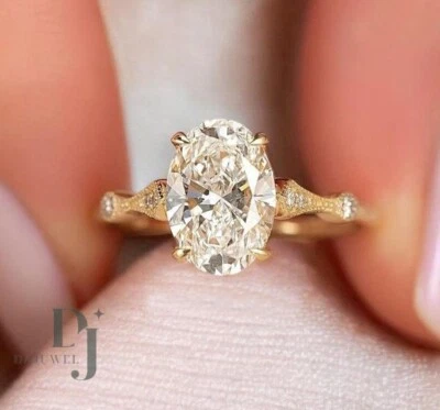 Solid 14K Yellow Gold Moissanite Solitaire Engagement Ring 2.20 CT Oval Cut VVS1 - Image 1 of 4