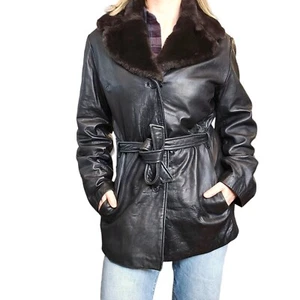 90s Lamb Leather Medium Dark Brown Trench Coat Faux Fur Collar Penny Lane - Picture 1 of 12