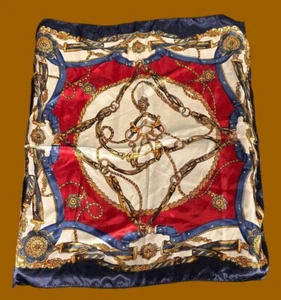 1980’s vintage scarf navy burgundy ivory 18” x 19” square purse neck tie - Picture 1 of 1