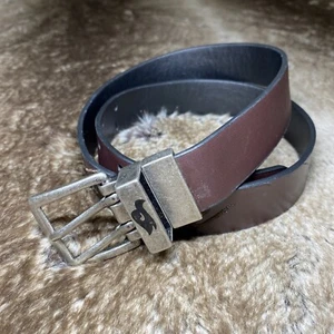 Tony Hawk Belt Mens L 30-32 Brown Black Leather Reversible Silver Double Buckle - Picture 1 of 11