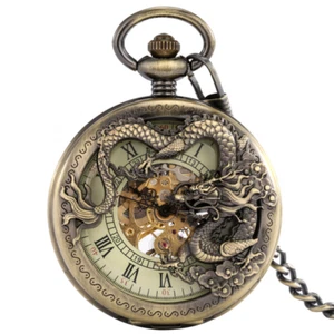 Mens Vintage Pocket Watch Dragon Hand Wind Mechanical with Pendant Chain Gifts - Picture 1 of 9