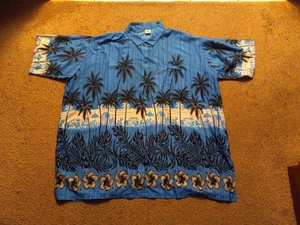 HAPPY BAY~ Hawaiian button up blue Shirt Men 5XL Tropical Palm Trees Vacation - Picture 1 of 5