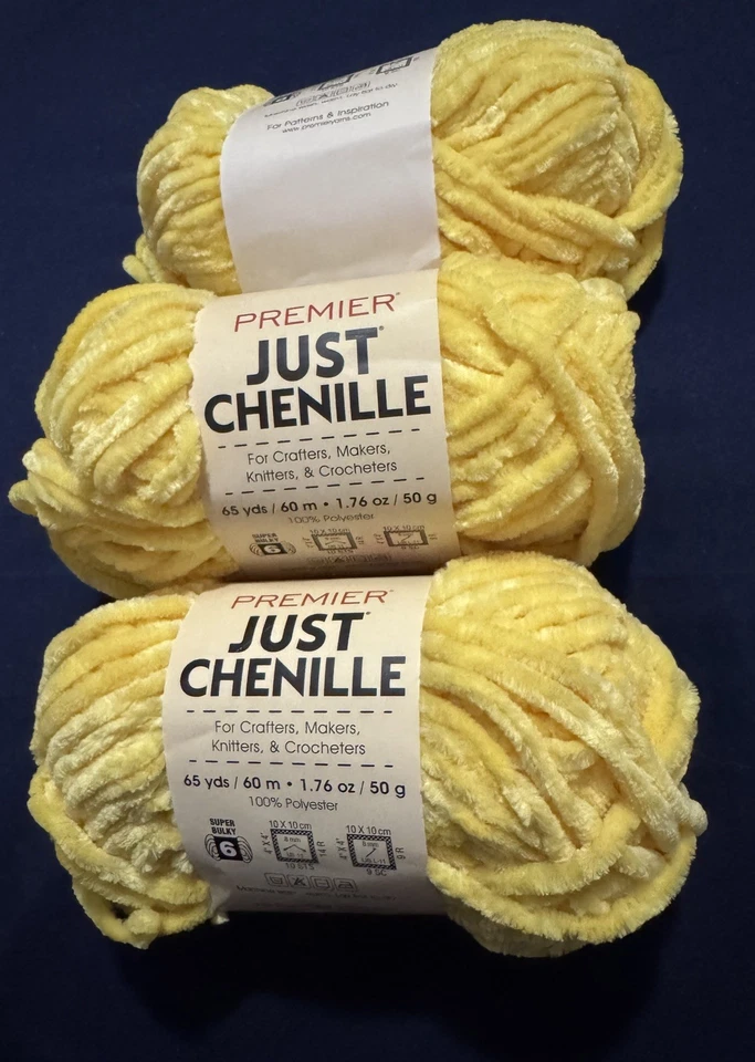 Premier Just Chenille Yarn Lot of 3 Lemon 60 yds 50G - Image 1 of 3