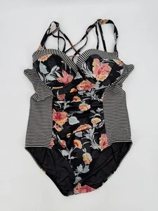 Torrid Womens Black Floral Striped Pin Up Bathing Suit Size 2/2X Underwire Strap - Picture 1 of 12