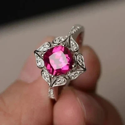 1Ct Round Lab Created Pink Ruby Women's Dainty Band Ring 14K White Gold Plated - Image 1 of 4