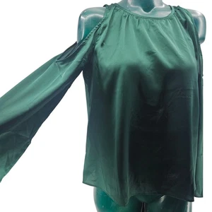 Lumiere Green Cold Shoulder Satin Blouse Top Women's Size S 3358 - Picture 1 of 6