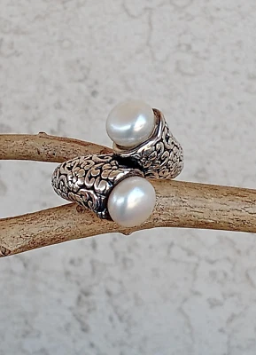 Handcrafted Sterling Silver Bypass Ring Cultured Button Pearls Filigree Size 8 - Image 1 of 4