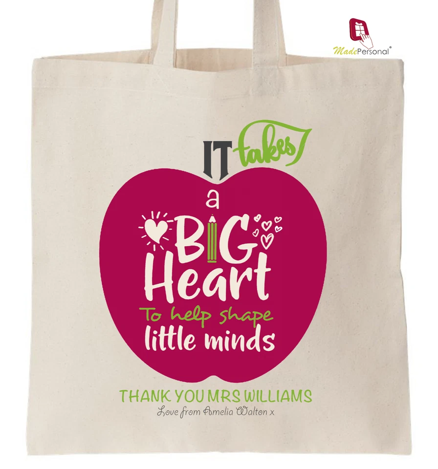 PERSONALISED Thank You Teacher School Gift Cotton Tote Bag- TAKES A BIG HEART  - Image 1 of 1