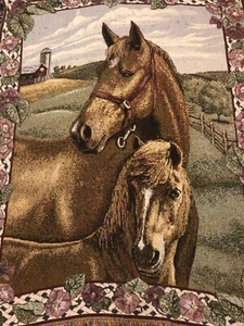 Vtg Velvet Tapestry Wall Hanging Horses Foal Bright Colors 100% Cotton - Picture 1 of 6