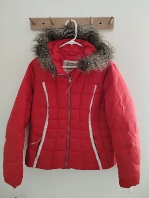 Eddie Bauer Womens Large  550 FP Alpine-Express Down Jacket Faux Fur Hood Red - Image 1 of 4