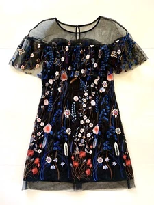 Gianni Bini Floral Embroidered Dress 8 Black Blue Mesh Short Sleeve Mini Sheer - Picture 1 of 7