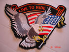 LIVE TO RIDE EAGLE & FLAG, ARGENT, X-LARGE PATCH ENVIRON 14"x 10", NEUF AVEC ÉTIQUETTE