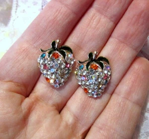 Strawberry Earrings ~ Rose Gold / Rainbow Crystal - Picture 1 of 7