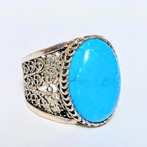 POS 925 Sterling Silver Turquoise Stone Turkish Ring Sz 7 - Picture 1 of 9