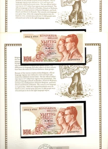 Belgium 50 Francs 1966 P 139a.3 UNC w/FDI UN FLAG STAMP 252609764,5 Consecutive - Picture 1 of 4