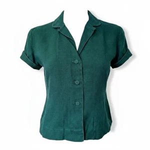 Vintage 40s 50s Blouse SHIRTMAKER SPORTSWEAR Pure Linen Crop Shirt Dark Green S - Bild 1 von 11