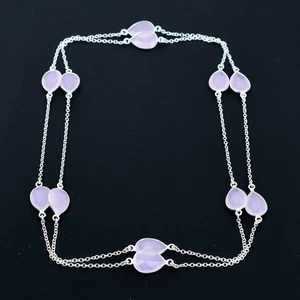 Pink Rose Quartz Gemstone Handmade 925 Sterling Silver Jewelry Necklace Size 36" - Picture 1 of 10