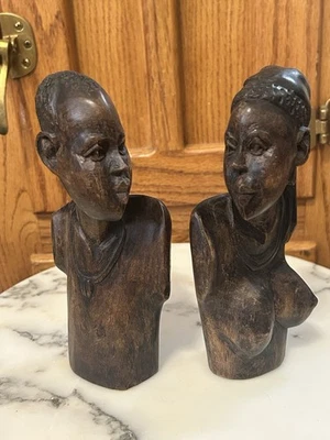 Vintage African Hand Carved Ebony Wood Couple Busts Bookends - Image 1 of 4