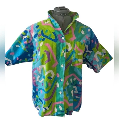 Camisa abotonada vintage con estampado abstracto geométrico multicolor vibrante neón para mujer Foto 1 de 4
