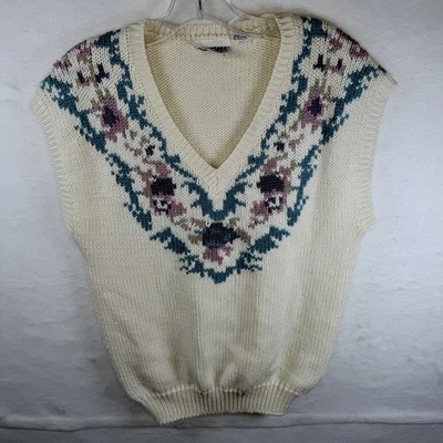Cottagecore VTG Ivory Sweater Vest Fair Isle Floral Design Oversized Granny Sz M - Image 1 of 4
