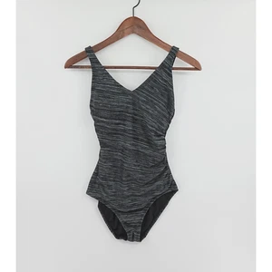 Speedo Swimsuit One Piece Women 6 Gray Striped Ruched Side Comfort Resort Cruise - Picture 1 of 19