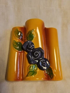 Vintage Majolica Triple Vase with Applied Purple Rose Flowers Wall Pocket - Picture 1 of 7