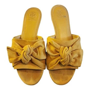 Tory Burch Annabelle Bow Slides Flats Sandals Yellow Suede Womens Size 7.5 - Picture 1 of 11