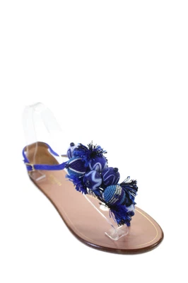 Aquazzura Womens Fringe Beaded Pom Embellished T Strap Sandals Blue Suede 37 - Image 1 of 4
